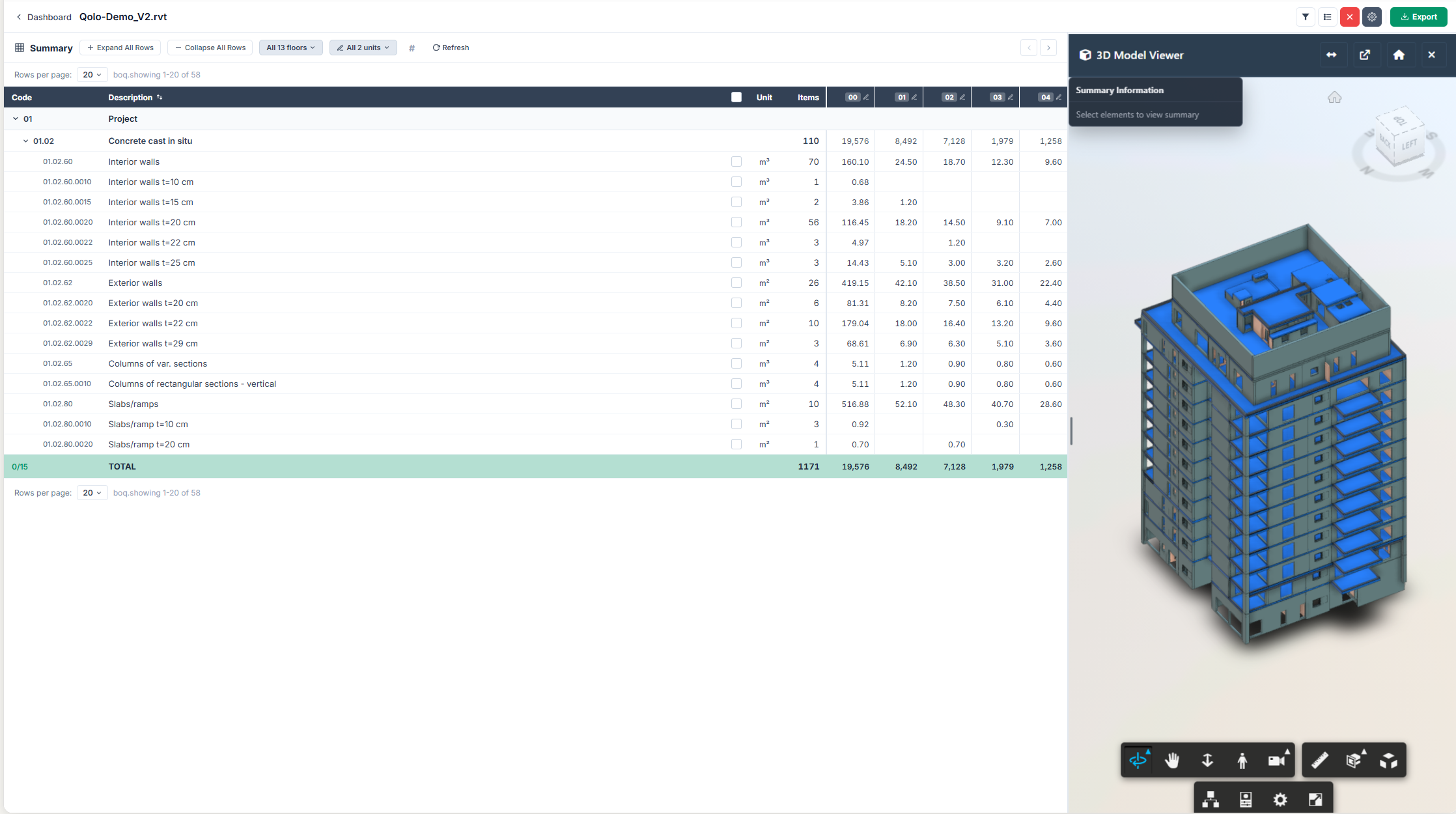 QOLORBEAM — structured quantity table with 3D model viewer